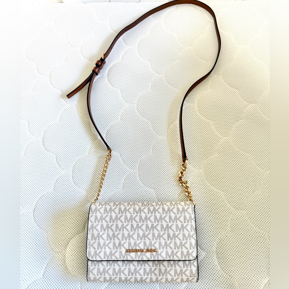 Michael Kors Cream Brown Gold Monogram Crossbody Bag